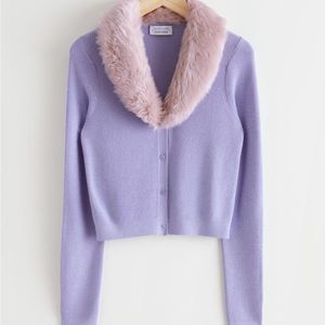 & Other Stories Purple cardigan with Pink faux fur trim